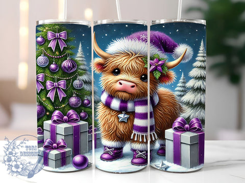 Purple Highland Cow Christmas Festive Winter Tumbler Wrap, 20oz Holiday Drinkware, Cute Cow Design, Festive Tumbler, Winter Cow Gifts, Highland Cow Sublimation Sublimation ToriDesigns 