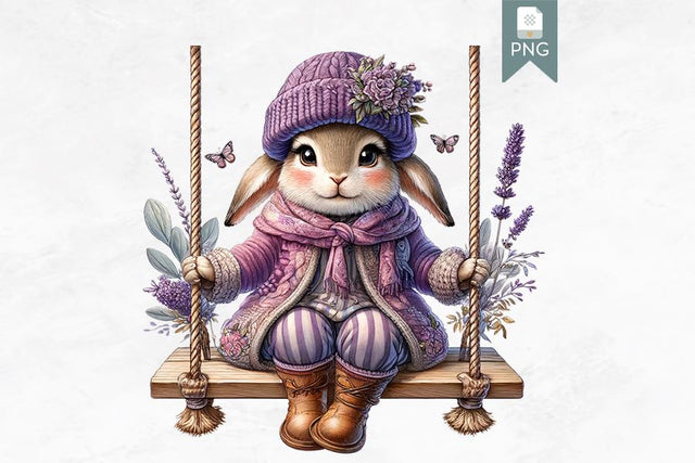 Purple Lavender Bunny on Swing Clipart, Cute Rabbit PNG Sublimation BijouBay 