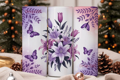 Purple Lily & Butterfly 20oz Tumbler Sublimation DesignSVG 