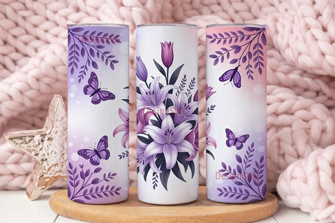 Purple Lily & Butterfly 20oz Tumbler Sublimation DesignSVG 