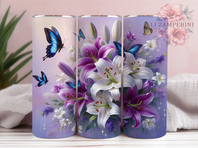 Purple Lily Butterfly Tumbler, Butterfly Garden Theme, Floral Nature Design, Botanical Artwork, Elegant Flower Scene, Whimsical Garden Style, Tumbler Wrap, Sublimation Design, 20oz Tumbler, Colorful Nat Sublimation Li Zamperini 