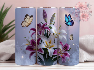 Purple Lily Butterfly Tumbler, Butterfly Garden Theme, Floral Nature Design, Botanical Artwork, Elegant Flower Scene, Whimsical Garden Style, Tumbler Wrap, Sublimation Design, 20oz Tumbler, Colorful Nat Sublimation Li Zamperini 