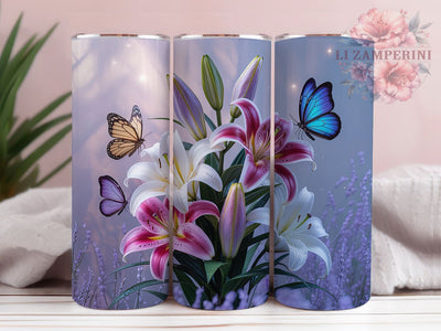 Purple Lily Butterfly Tumbler, Butterfly Garden Theme, Floral Nature Design, Botanical Artwork, Elegant Flower Scene, Whimsical Garden Style, Tumbler Wrap, Sublimation Design, 20oz Tumbler, Colorful Nat Sublimation Li Zamperini 