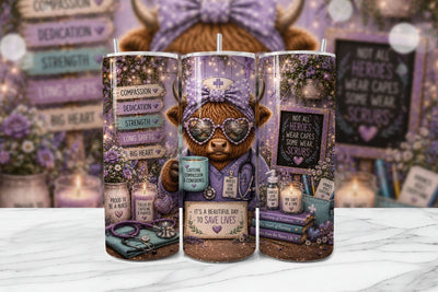 Purple Nurse Highland Cow Tumbler Wrap Sublimation BijouBay 
