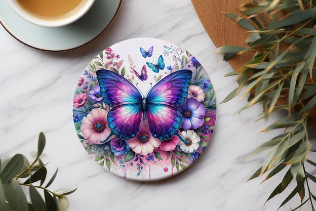 Purple Pink & Blue Butterfly Round Coaster Sublimation PNG Sublimation BijouBay 