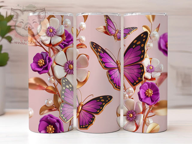 Purple Pink Floral 3D Butterfly Tumbler, Purple Pink Floral Tumbler, 20oz Sublimation Wrap, Butterfly Flower Tumbler, Pastel Butterfly Tumbler, Floral Tumbler PNG, Sublimation Tumbler Sublimation Lara' s Designs 