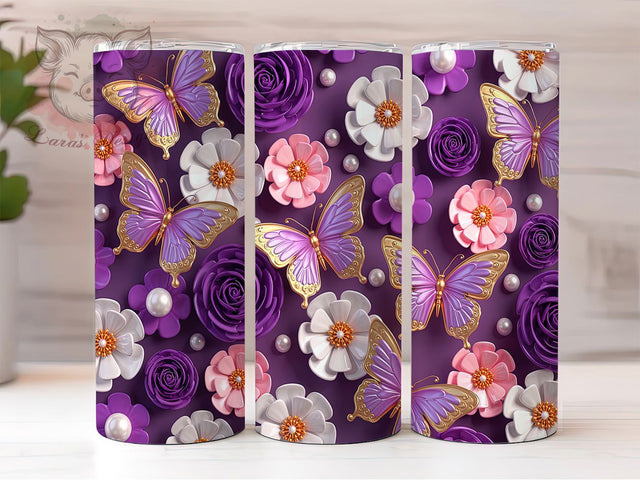 Purple Pink Floral 3D Butterfly Tumbler, Purple Pink Floral Tumbler, 20oz Sublimation Wrap, Butterfly Flower Tumbler, Pastel Butterfly Tumbler, Floral Tumbler PNG, Sublimation Tumbler Sublimation Lara' s Designs 