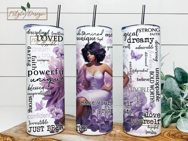 Purple Positive Affirmations 20 oz Skinny Tumbler Black woman Sublimation Design, Digital PNG, Inspirational Butterfly Tumbler Sublimation iStyleDesign 