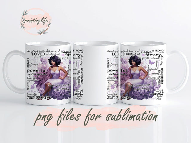 Purple Positive Affirmations Mug, Black woman Sublimation Design, Digital PNG, Inspirational Butterfly Love yourself PNG Sublimation PrintingLife 