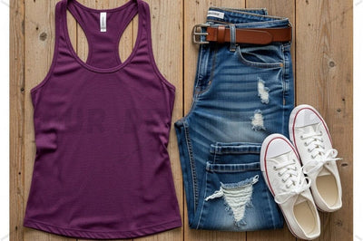 Purple racerback tank top with distressed denim shorts and white sneakers Mock Up Photo Regulrcrative 