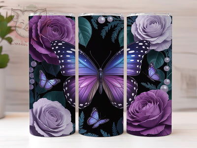 Purple Rose Butterfly Tumbler, Roses Tumbler, Elegant 20oz Wrap, Sublimation Design, Stylish Gift Idea, Butterfly Floral Wrap, Purple Rose Tumbler Sublimation Lara' s Designs 