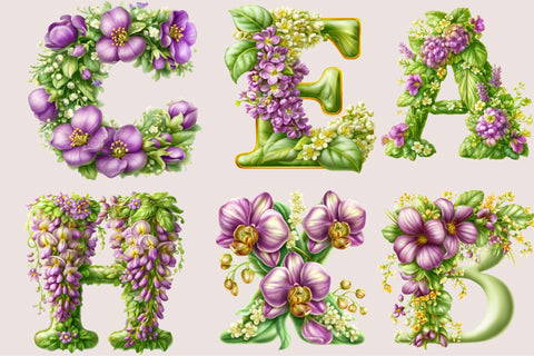 Purple Spring Flower Alphabet PNG Bundle Sublimation SVGArt 