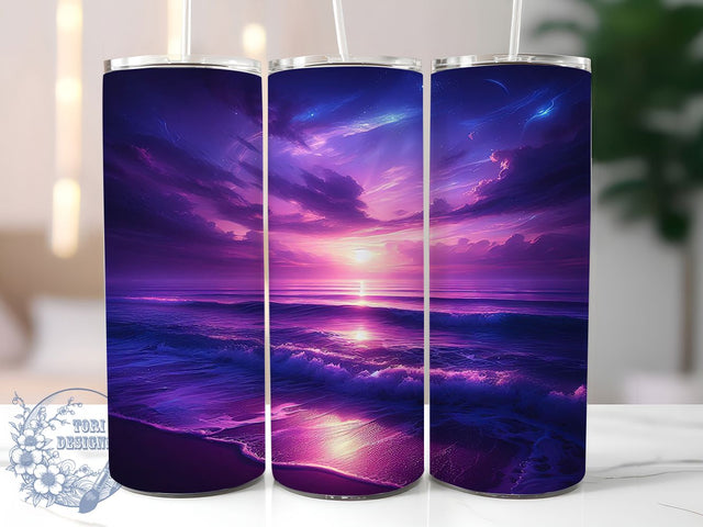 Purple Sunset Beach Tumbler Wrap, Beach Wrap Design, 20oz Tumbler Sublimation, Tropical Twilight Sublimation, Ocean Horizon Tumbler, Vibrant Sunset Beach Wrap, Coastal Evening Glow Design Sublimation ToriDesigns 
