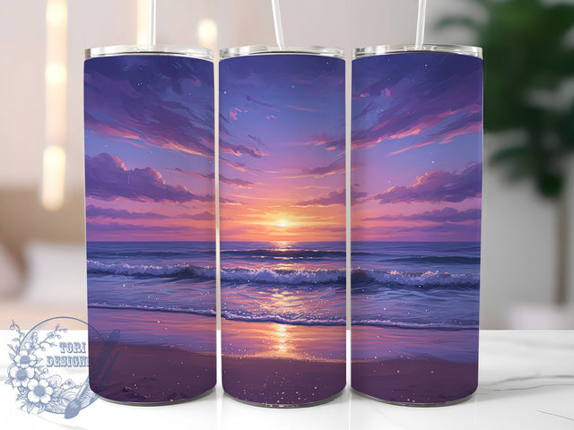 Purple Sunset Beach Tumbler Wrap, Beach Wrap Design, 20oz Tumbler Sublimation, Tropical Twilight Sublimation, Ocean Horizon Tumbler, Vibrant Sunset Beach Wrap, Coastal Evening Glow Design Sublimation ToriDesigns 