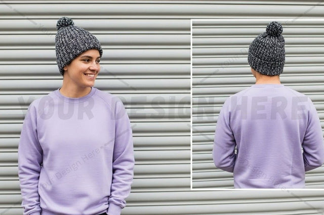 Purple sweatshirt with beanie mockup design Mock Up Photo Designangry 