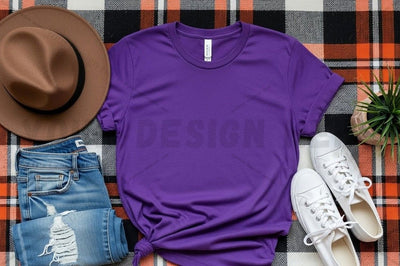 Purple t-shirt mockup design with casual accessories Mock Up Photo Designangry 