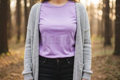 Purple t-shirt with gray cardigan in forest setting Mock Up Photo Designangry 