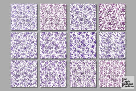 Purple Toile Elegance Digital Paper - Delicate Flower Garden Chinoiserie Digital Pattern Fine Purple Elephant Creations 