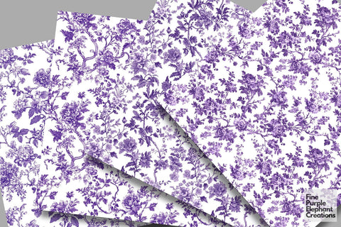 Purple Toile Elegance Digital Paper - Delicate Flower Garden Chinoiserie Digital Pattern Fine Purple Elephant Creations 