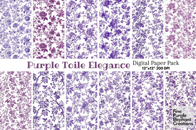 Purple Toile Elegance Digital Paper - Delicate Flower Garden Chinoiserie Digital Pattern Fine Purple Elephant Creations 