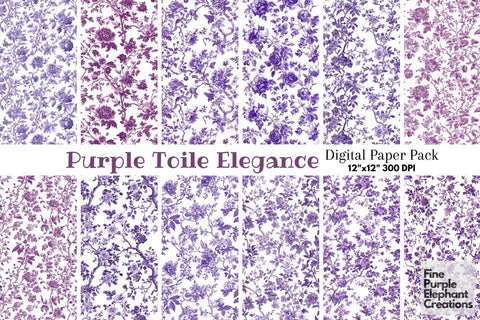 Purple Toile Elegance Digital Paper - Delicate Flower Garden Chinoiserie Digital Pattern Fine Purple Elephant Creations 