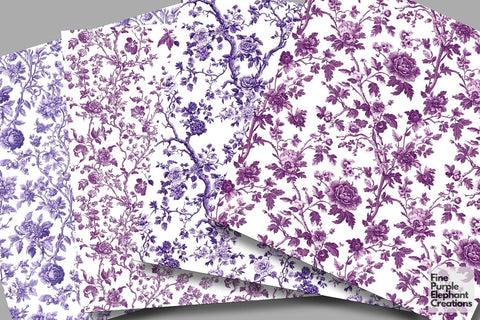 Purple Toile Elegance Digital Paper - Delicate Flower Garden Chinoiserie Digital Pattern Fine Purple Elephant Creations 