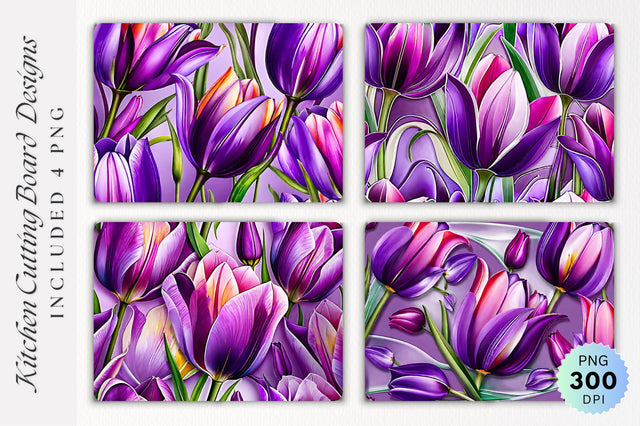 Purple Tulips Floral Glass Cutting Board PNG Design Sublimation Regulrcrative 