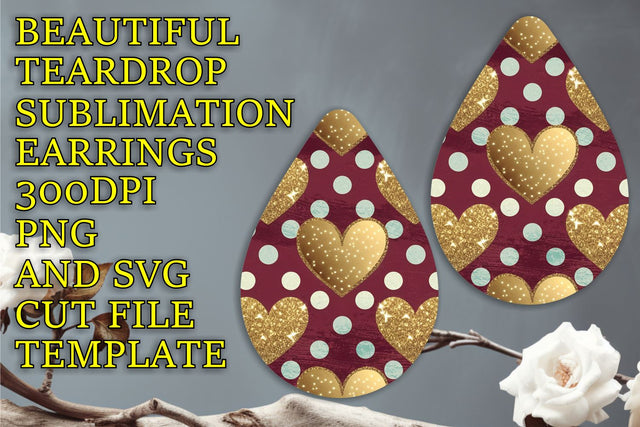 quality PNG, Beautiful teardrop earrings sublimation template, Heart Sublimation HoodArtCraft 