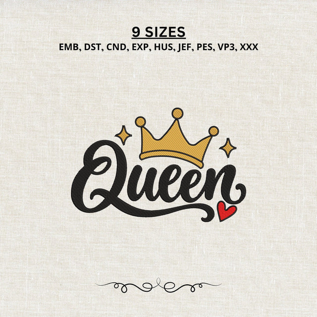Queen Crown Embroidery Design – Royal Queen Script with Gold Crown Heart Machine Embroidery File Embroidery/Applique DESIGNS PatternFeed8 