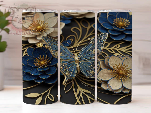 Quilled Blue Butterfly Tumbler Wrap, Blue Butterfly Mug, Paper Art Cup, Artistic Butterfly Wrap, Handmade Look Design, Elegant Nature Gift, Sublimation Tumbler Wrap Sublimation Lara' s Designs 