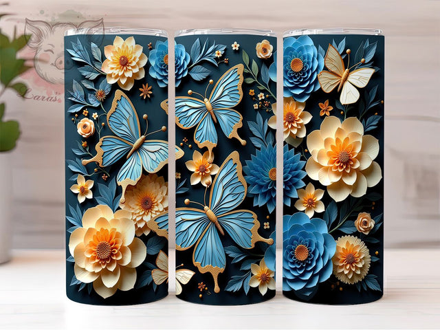 Quilled Blue Butterfly Tumbler Wrap, Blue Butterfly Mug, Paper Art Cup, Artistic Butterfly Wrap, Handmade Look Design, Elegant Nature Gift, Sublimation Tumbler Wrap Sublimation Lara' s Designs 