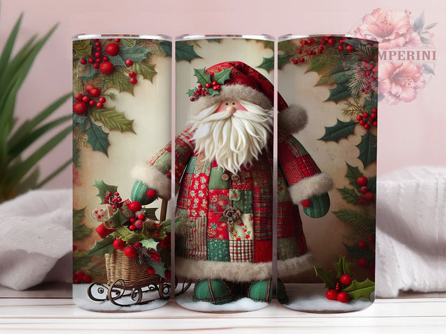 Quilted Patchwork Santa Tumbler, Crochet Christmas Wrap, Latch Hook Holiday Sublimation, Handmade Santa Cup, 20Oz Skinny Tumbler Wrap, Cozy Patchwork Mug, Crafty Christmas Design Sublimation Li Zamperini 