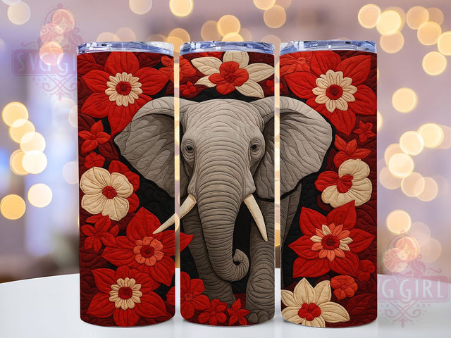 Quilted Safari Elephant Tumbler Wrap, Safari Animal Design, Red Elephant Gift, Textured Drinkware Art, African Animal Cup, Geometric Pattern Wrap, Dimensional Sublimation Sublimation SvggirlplusArt 