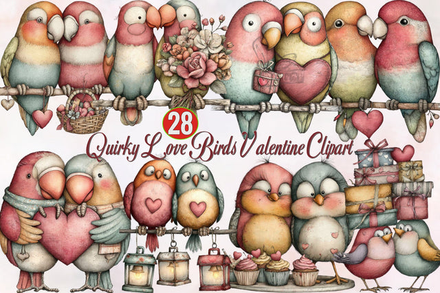 Quirky Love Birds Valentine Clipart Bundle. Sublimation SVGArt 