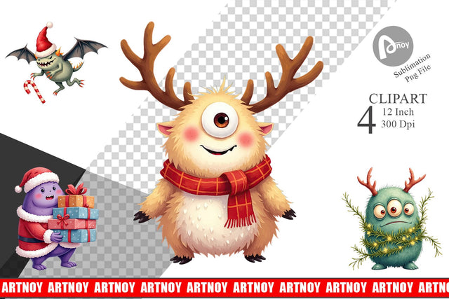 Quirky Monster Christmas Clipart Sublimation artnoy 