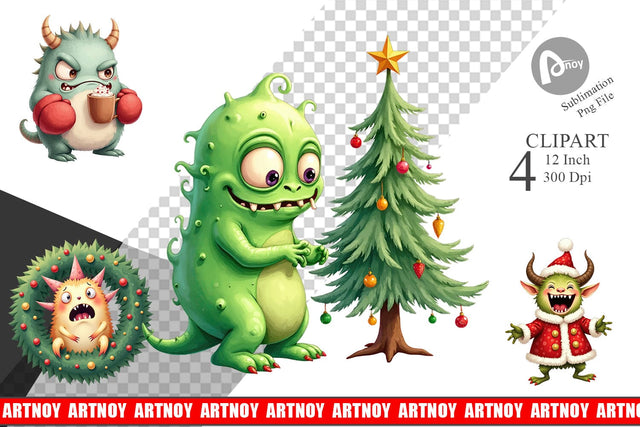 Quirky Monster Christmas Clipart Sublimation artnoy 