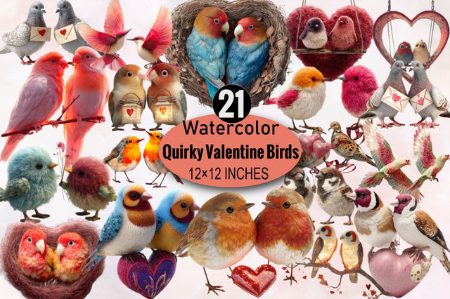 Quirky Valentine Birds Clipart Bundle. Sublimation SVGArt 