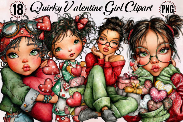 Quirky Valentine Girl Clipart Bundle. Sublimation SVGArt 