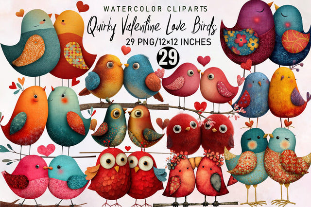 Quirky Valentine Love Birds Clipart Bundle. Sublimation SVGArt 