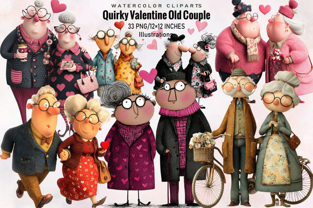 Quirky Valentine Old Couple Clipart Bundle. Sublimation SVGArt 