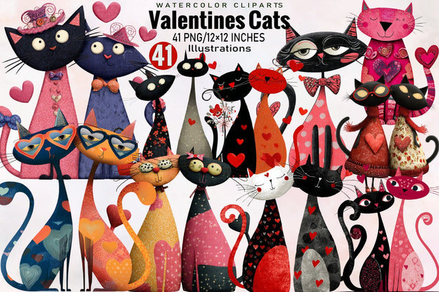 Quirky Valentines Cats Clipart Bundle. Sublimation SVGArt 