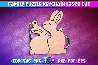 Rabbit Family Puzzle Keychain | Laser Cut Design | CNC Files SVG The T Store Design 