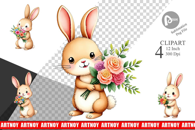 Rabbit Spring Bouquet Clipart Sublimation artnoy 