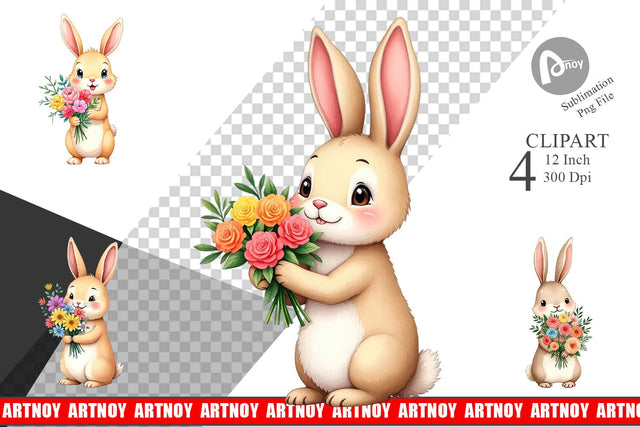 Rabbit Spring Bouquet Clipart Sublimation artnoy 