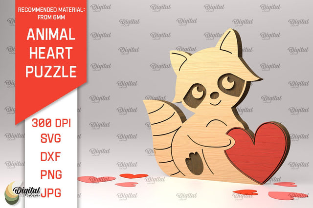 Raccon Wooden Puzzle Laser Cut. Animal Heart Puzzle SVG SVG Evgenyia Guschina 