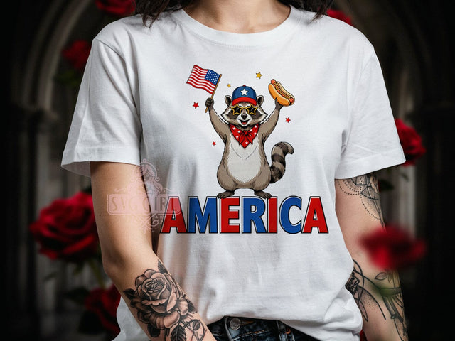 Raccoon America Style T-Shirt PNG, Patriotic Style, Bold Accessories, Red White Blue, Sublimation PNG, Statement Shirt, Fun Design Sublimation SvggirlplusArt 