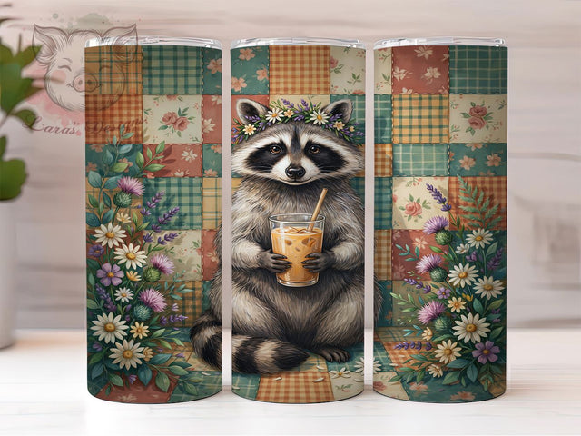 Raccoon Coffee Quilt 20oz Tumbler, Raccoon Motif, Coffee Theme, Quilt Pattern, Rustic Style, Cozy Charm, Skinny Tumbler, Sublimation PNG Sublimation Lara' s Designs 