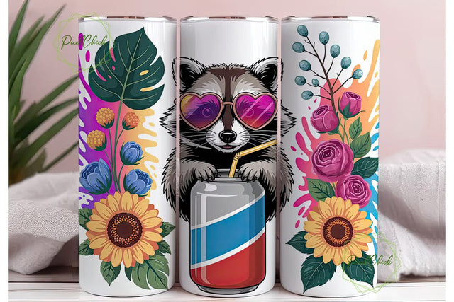 Raccoon Energy Drink Tumbler Wrap PNG Sublimation PixelChick 