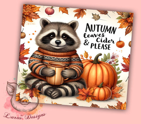 Raccoon Fall 20 oz Skinny Tumbler Sublimation Design, Straight & Tapered Tumbler Png, Fall Vibes Tumbler Png, Digital Download PNG Sublimation Lara' s Designs 
