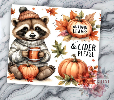 Raccoon Fall 20oz Tumbler Wrap PNG, Fall Autumn Tumbler PNG Sublimation Design, Straight & Tapered Tumbler Wrap, Instant Digital Download Sublimation Li Zamperini 